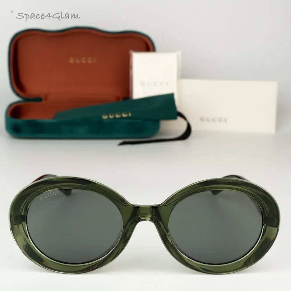 BRAND NEW Gucci GG1722SA 005 Transparent Dark Green Grey Unisex Oval Sunglasses